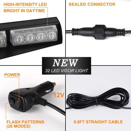 ASPL 32LED Luces de Visera 26 Patrones de Destello Luces de Emergencia para Parabrisas Advertencia Estroboscopica de Peligro Montaje Dividido Lampara de Tablero con Soporte Extendido (ambar) - Imagen 3