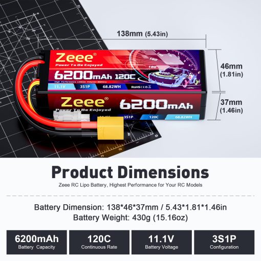 Bateria Lipo Zeee 3S 6200mAh 11.1V 120C Estuche Duro con Conector XT90 para Vehiculos a Escala 1/8 1/10 RC Coche Tanques Camiones Modelos de Carreras (2 Pack) - Imagen 2