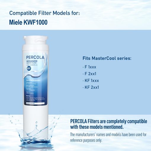 Filtro de Agua PERCOLA KWF1000, Certificado por NSF42 y 372, Repuesto para Miele 11513640 KWF1000 Filtro de Agua Claro Intensivo para Electrodomesticos Master Cool con Hielera (Paquete de 3) - Imagen 2