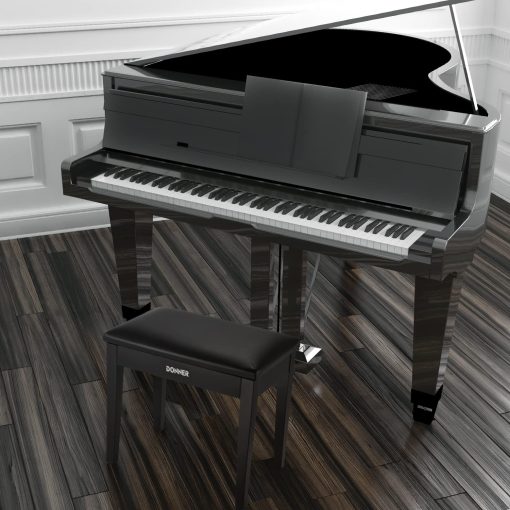Banqueta de Piano Donner con Almacenamiento, Banco de Teclado de Madera Maciza Librero Banco de Piano Silla Taburete con Almohadilla de Esponjas de Alta Densidad, Negro - Imagen 8