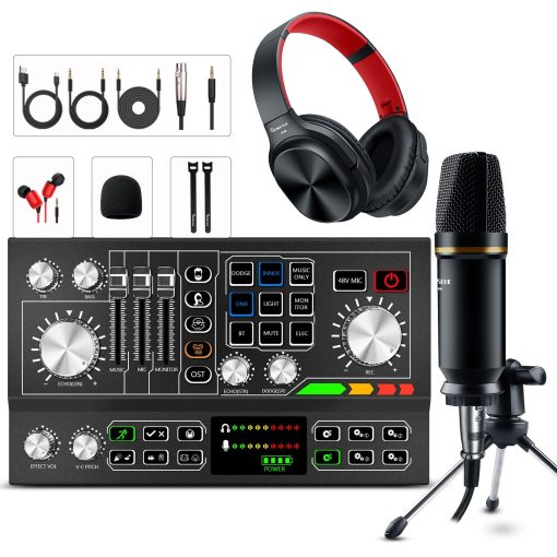 Equipo de Podcast Aluminio con Panel de Aleacion con Microfono de Condensador de Estudio Mezclador de Sonido DJ Interfaz de Audio de Radiodifusion [Efecto de Sonido DIY] Para PC/Portatil/Telefono, Streaming/Grabacion, Negro