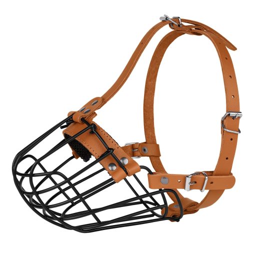 Bozal de metal transpirable para perros Pitbull con cesta para perros grandes Amstaff Staffordshire Terrier Mascara segura de alambre ajustable Correas de cuero duraderas para morder ladrar (Marron) - Imagen 2