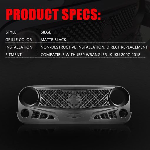 Parrilla Delantera con Rejilla de Malla Negra Mate para Jeep Wrangler 2007-2018 Rubicon Sahara Sport JK for Jeep Wrangler JK JKU 2007-2018 (Asedio) - Imagen 7