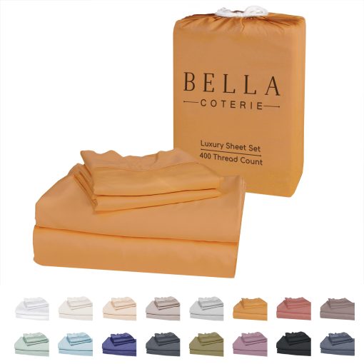 Juego de sabanas de lujo Bella Coterie para cama Queen | Organicamente cultivadas | Ultra suaves | Ideales para dormir en calor | Bolsillo profundo de 18" | Viscosa hecha de bambu [Marigold]