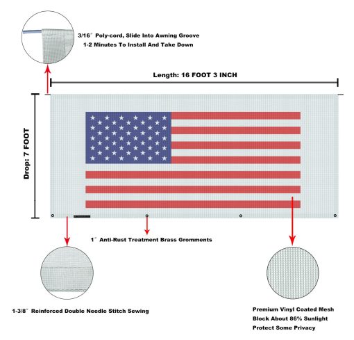 Toldo para RV Tentproinc Sun Shade Screen 7' X 16' 3'' (Bandera Americana) Malla Gris Parasol para Toldo de Remolque Camper Bloqueador de UV Kits Completos - Imagen 6