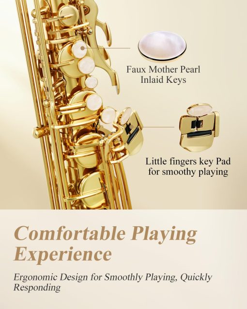 Saxofon Tenor Eastar Saxofon para Estudiantes en Si Bemol Dorado Lacado Saxofon Tenor Bb Principiante con Pano de Limpieza, Estuche de Transporte, Boquilla, Correa para el Cuello, Canas, Kit Completo, TS-? - Imagen 3
