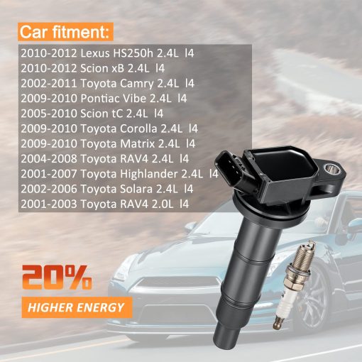 Bobina de encendido UF333 y bujia 7092 compatible con 2.4L L4 Scion Toyota TC Camry Corolla Highlander Matrix RAV4 Solara Lexus HS250h Scion xB tC Pontiac Vibe, Conjunto de 4 - Imagen 4