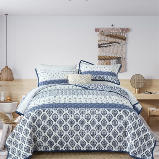 Juego de edredon Toldlove tamaño King, conjunto de cama acolchado de algodon floral azul y blanco tamaño King, 3 piezas colcha reversible ligera de estilo granja para todas las estaciones