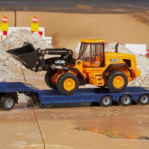 Siku 1790, Camion MAN con remolque bajo y cargador de ruedas JCB, 1:87, Metal/Plastico, Azul/Amarillo, Rampa plegable, Brazo de carga movil - Imagen 3
