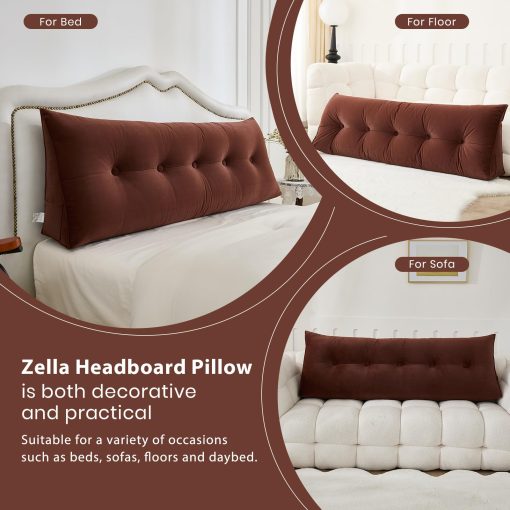Almohada para cabecera Zelladorra para cama, almohada triangular de cuna para cabecera, soporte suave al leer y descansar, cojin para cabecera de cama con funda removible, cafe marron, tamano Queen (59"x8"x20") - Imagen 5
