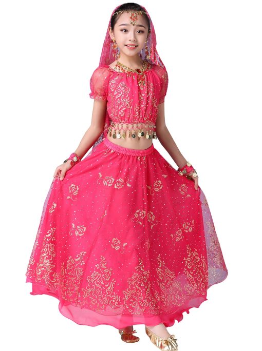 Conjunto de Disfraz de Danza del Vientre ORIDOOR para Ninas Traje de Vestido Plisado para Halloween, Traje de Actuacion India de 5 Piezas de 5-7 Anos A-Rosa - Imagen 3