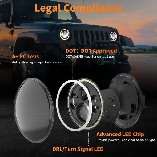 Faros Delanteros LED de 7 Pulgadas HILLSKING Compatible con Jeep Wrangler JK/TJ/LJ/CJ, Luces Delanteras LED con Halo Aprobadas por la DOT, Luz Alta/Baja con Senal de Giro Ambar, con Adaptador H4 H13, Juego de 2 - Imagen 4