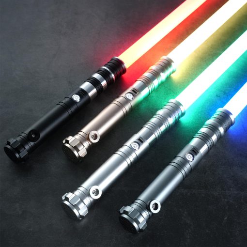 Sable de Luz RGB personalizado, 12 colores cambiantes, 4 fuentes de sonido/Mango de metal, Juguete de regalo de luz de sable para adultos, soporte para duelos intensos, Sable de luz ajustable en volumen con rueda convertec-Negro - Imagen 5
