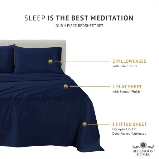 Juego de sabanas de algodon Queen Size - Juego de sabanas egipcias de 1000 hilos - Juego de sabanas Queen de 4 piezas, sabanas Queen de bolsillo profundo de 18", juego de ropa de cama suave de saten de enfriamiento, azul marino - Imagen 3