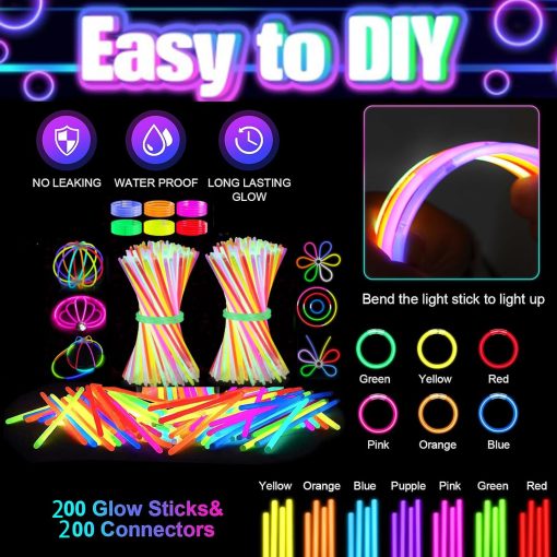 266 PCS Suministros de Fiesta que Brillan en la Oscuridad, 20 Palos de Espuma Luminosos, 10 Pinzas para el Cabello con LED, 5 Lentes con LED, 10 Coronas de Flores con Luces, 20 Dediles Luminosos, 1 Diadema de Orejas de Conejo, 200 Palos de Luz para Fiesta de Adultos que Brillan en la Oscuridad - Imagen 3