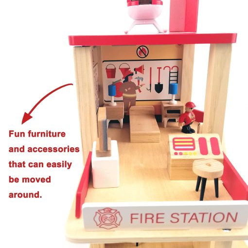 Juego de Estacion de Bomberos de Madera BBtinker, Munecos de Juguete de Juegos de Imitacion de 3 Niveles Multicolor con Figuras, Camion, Helicoptero y Accesorios, Juguetes Educativos de Aprendizaje Preescolar para Ninos Pequenos de 3 Anos en Adelante - Imagen 6