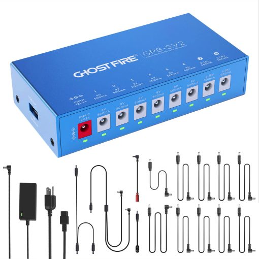 Fuente de alimentacion de pedales Ghost FIRE GP8-SV2 de 8 salidas + Salida USB de 5V Suministro de energia aislado con proteccion independiente contra cortocircuitos