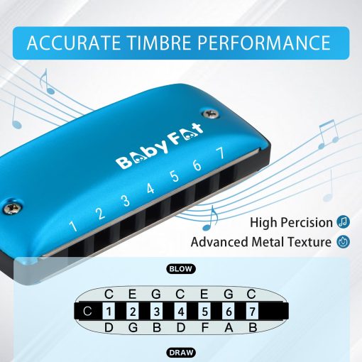 Set de Mini Armonica de 7 Agujeros de BabyFat Blues, Armonica Diatonica con cordones gratuitos, Regalos para Ninos y Principiantes, Instrumento Musical Facil de Tocar (en clave de La) - Imagen 3