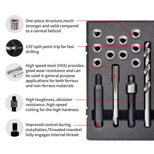 Kit de Reparacion de Roscas SENNMONN M10x1.5 con Broca de 14 mm, Macho, Escariador, Instalador, Inserto de Acero Inoxidable M10*1.5*14mm*10pcs - Imagen 2
