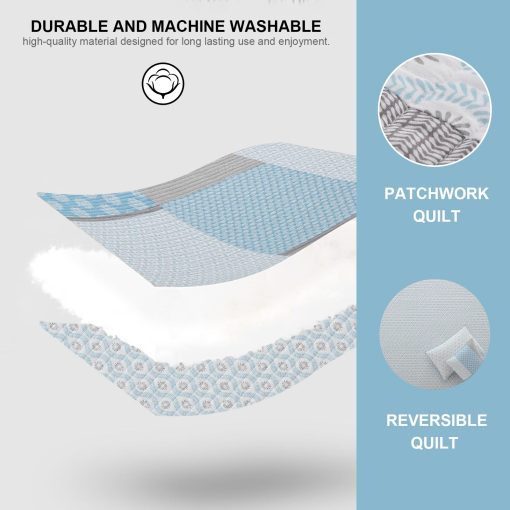 Juego de Colcha PANGUSHAN tamaño Queen, Juego de Cama de Algodon 100%, Colcha Reversible de Patchwork Floral para Cama Queen, Colcha Ligera en Azul Claro/Gris, Edredon Ligero para Todas las Estaciones, 3 Piezas - Imagen 6