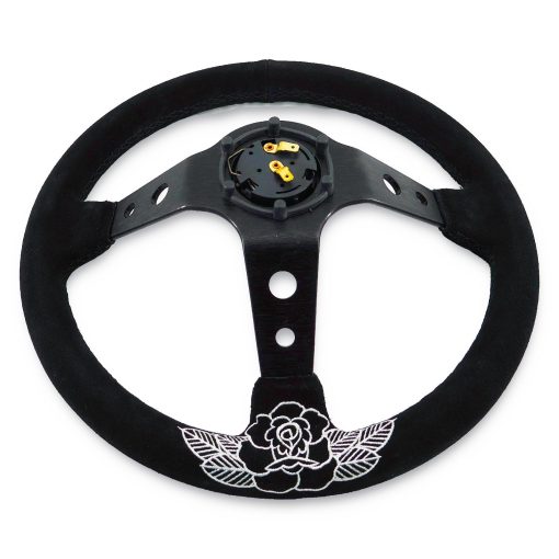 Volante Personalizado de Rosa 350mm Profundo de 6 Pernos Para Volante Deportivo JDM Incluye Boton de Claxon de Gamuza - Imagen 7