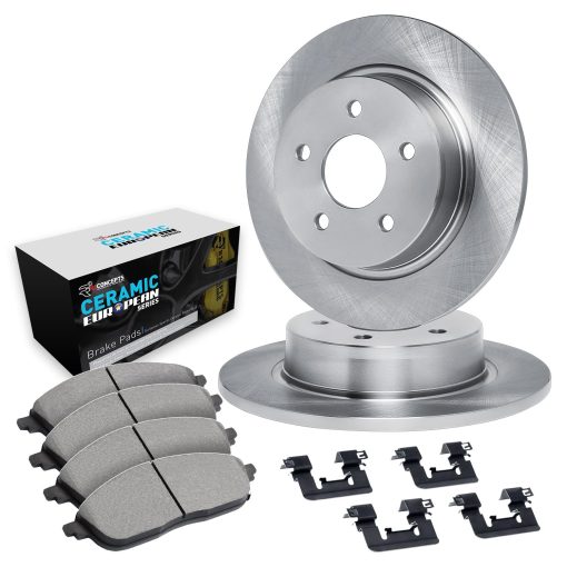 Kit de Frenos y Discos Traseros R1 Concepts | Pastillas de Freno Traseras | Discos y Pastillas de Freno | Pastillas y Discos de Ceramica Euro | Kit de Hardware | Compatible con Cadillac BLS 2003-2011; Chevrolet Vectra; Saab 44807