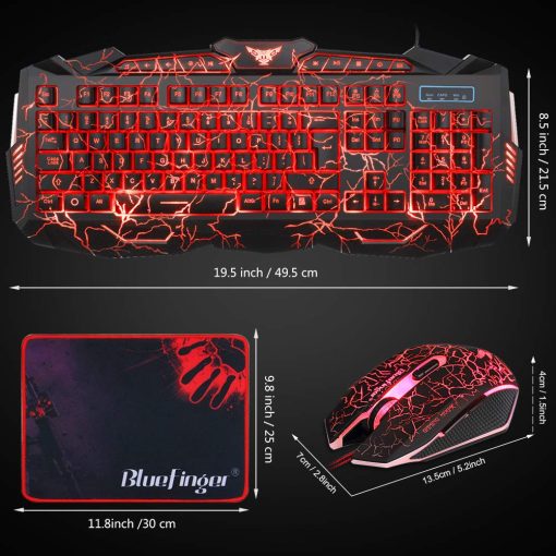 Combo de Teclado y Mouse para Juegos con Retroiluminacion BlueFinger, Teclado y Mouse Retroiluminados con Cable USB, Teclado Multimedia con 3 Colores de LED, Mouse para Juegos y Trabajo - Imagen 7