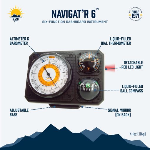 Tablero de instrumentos Navigat'r 6 de Sun Company - Seis funciones para auto y camion | Altimetro, Barometro, Brujula de bola, Termometro, Luz LED, Espejo de senal - Imagen 7
