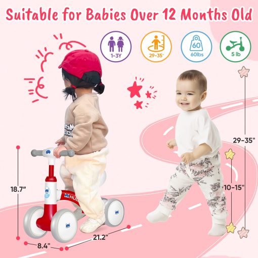 Bicicleta de Equilibrio para Bebes de 1 ano, para Ninos Ninas, 12-24 Meses, con 4 Ruedas, Asiento y Manillar Ajustables, Regalos de Primer Cumpleanos (Rojo) - Imagen 3