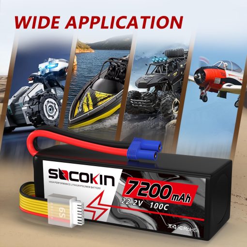 Bateria Lipo Socokin 6S 22.2V 100C 7200mAh con Conector EC5 Estuche Blando para Coche Camion Tanque Barco Carreras de Hobby (2 Packs) - Imagen 4