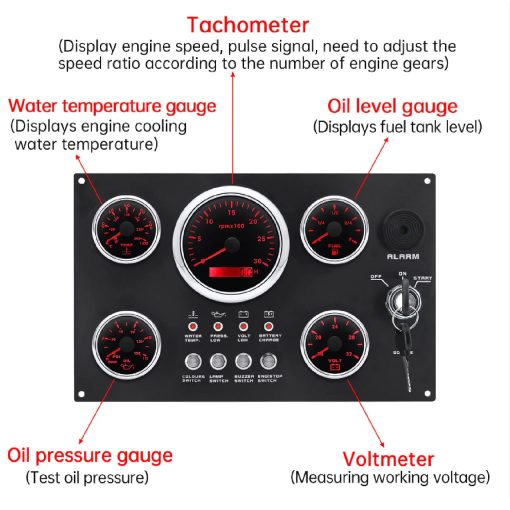 Conjunto de Medidores de 5 Gauges para Panel de Instrumentos 12V 7 Colores Nivel de Aceite Temperatura del Agua Presion de Aceite Voltaje Monitor para Barco Marino - Imagen 4