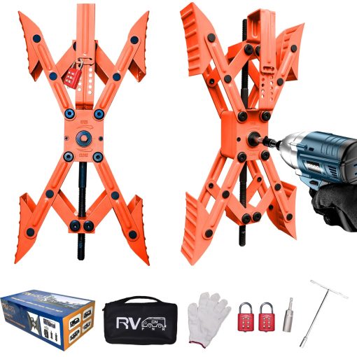 Topes estabilizadores en forma de X para ruedas de camper, Topes estabilizadores de ruedas para RV, Topes estabilizadores en forma de X para llantas de remolque de viaje Permiten ajuste con taladro con llave hexagonal, kit de herramientas y cerraduras con contrasena - Rojo