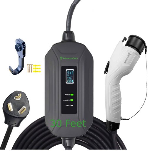 Cargador para EV PRIMECOM Nivel 2 220/240V, 16A, 30 pies y 50 pies, Cable portatil de carga de vehiculo electrico EVSE compatible con Bolt Volt Leaf BMW i3 Fiat 500e Clarity NIRO Prius (10-30P, 30 pies)