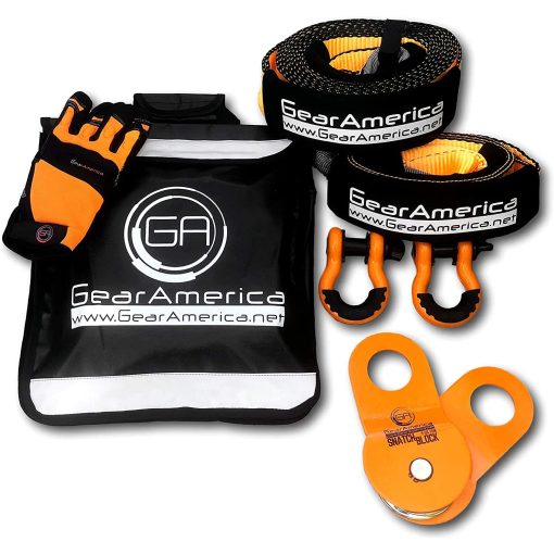 Kit Completo de Recuperacion Todo Terreno GearAmerica 9 Toneladas | Correa de Remolque + Protector de arbol + Polea de Bloqueo Resistente + Grilletes en D + Bolsa Amortiguadora de Linea de Malacate + Guantes | Accesorios Definitivos para el Rescate 4x4