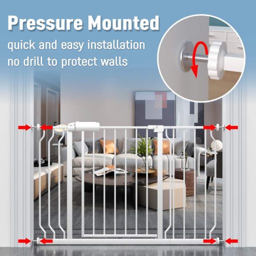 ALLAIBB Puerta de Seguridad Extra Ancha de Metal Blanco para Bebes, Perros y Mascotas con Cierre Automatico Ideal para Escaleras, Puertas, Cocinas y Salas Adecuado para 57.48-62.20 pulgadas - Imagen 2