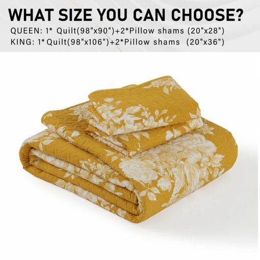Juego de edredon estampado floral amarillo PERHOM en tamano King - Juego de edredon King de algodon 100%, suave y transpirable, juego de ropa de cama de estilo campestre, cubrecamas, edredon de cama para todas las estaciones, 3 piezas - Imagen 6