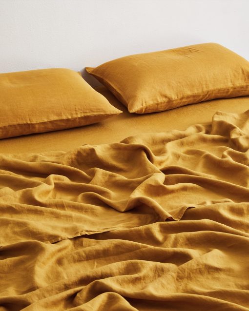 Sabana Ajustable de Lino Bed Threads - 100% Lino Frances - 170 GSM - Lujo y Ecologico - Transpirable, Duradero y Suave - Solo Sabana Ajustable Individual - Lavable a Maquina - Tamaño Reina - Curcuma - Imagen 2