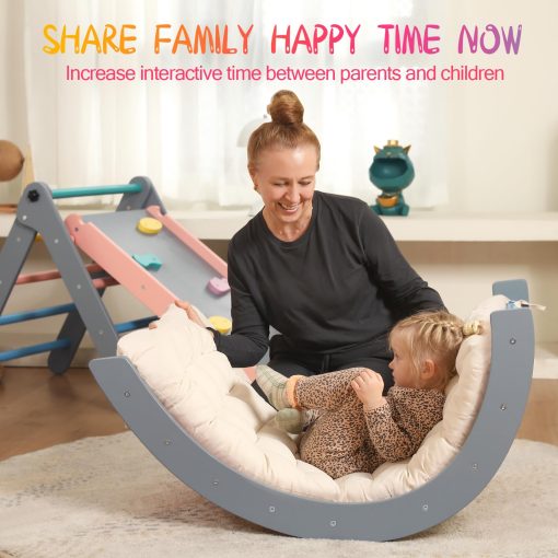Set de Triangulo Pikler con Cojin, 7 en 1 Juguetes de Escalada para Ninos Pequenos en Interiores, Set de Escalada Plegable Montessori, Juguetes de Madera para Ninos Pequenos 1-3 Anos con Rampa, Arco y Escalera (Arcoiris con Azul) - Imagen 8