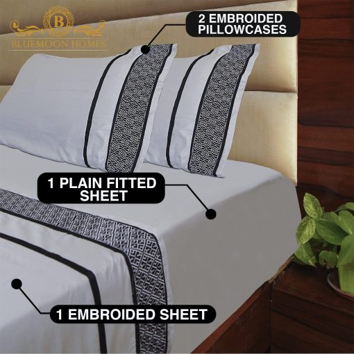 Juego de sabanas de lujo 100% algodon egipcio Queen - 1000 hilos - 4 piezas sabanas ajustadas y planas, ropa de cama de calidad de hotel con tejido saten - sabanas bordadas en negro y gris claro - Imagen 2