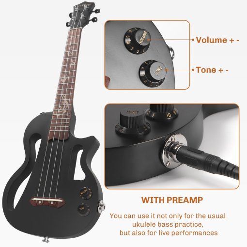 Ukulele Silencioso, Lotkey 26 Pulgadas Cuerpo de Okume Electrico Ukulele para Practica o Presentaciones con Salida de AMP Cuerdas de Nylon Italiano con Afinador Correa y Accesorios Completos (Negro) - Imagen 6