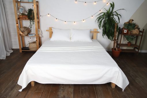 Juego de Sabanas y Fundas de Almohada de Lino de WHOLEWOOLS - Sabana de Cama de Lino Natural -4 Pzs Transpirable y Ultra Suave (Sabana Ajustable, Sabana de Cama y 2 Fundas de Almohada) (Tamaño Completo, Blanco Frost)