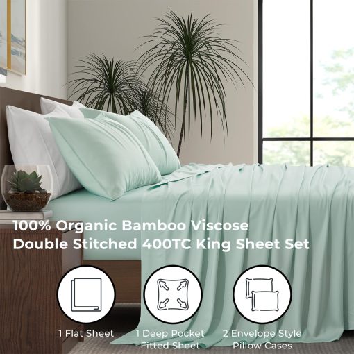 Juego de sabanas de lujo de bambu de mercado | Tamano King | 100% Viscosa Hecha de Bambu | Crecido Organicamente | Ultra Suave | Sabanas Refrescantes para Dormidores Calurosos | Bolsillo Profundo de 17" [Verde Costero] - Imagen 5