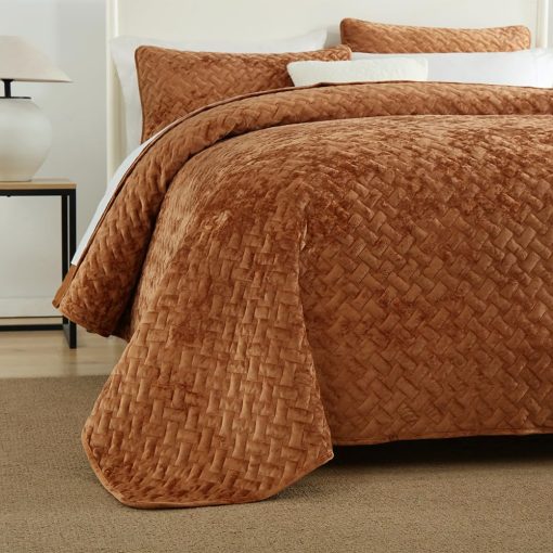 Juego de edredones de terciopelo Liians, juego de ropa de cama de lujo elegante, colchas de terciopelo ultra suave, mantas, patron de tejido de costura, colcha acolchada de algodon para todas las estaciones, color caramelo, tamano Queen - Imagen 6