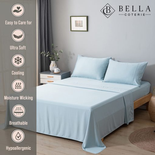 Juego de Sabanas de Lujo King Bella Coterie | Cultivadas de Forma Organica | 100% Viscosa de Bambu | Ultra Suaves | Ideales para Dormir en Climas Calidos | Bolsillo Profundo de 18" [Azul Costero] - Imagen 2