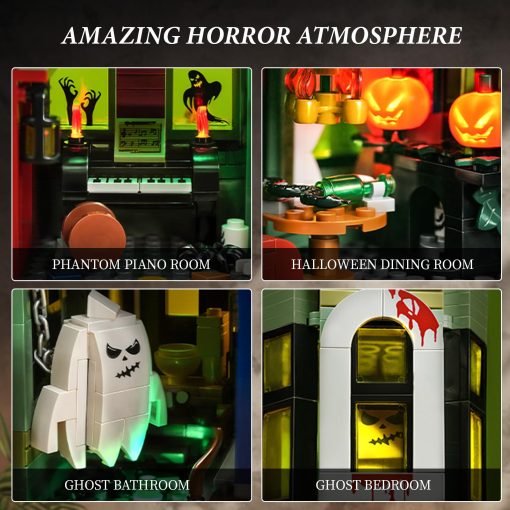 Set de Construccion de Casa Embrujada, Juguete de Casa de Halloween con Luces Compatible con Lego, Arquitectura Tema de Terror Incluye Calabaza Esqueleto Espeluznante Murcielago Bloques de Figura, Regalo para Ninos 8+ y Adultos - Imagen 3