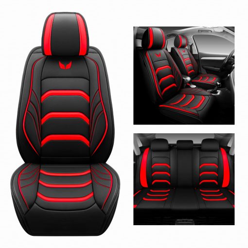Juego de cubiertas de asiento para automovil JielinKar de 5 asientos, tipo universal, apto para la mayoria de los autos, SUVs, camionetas con airbags, compatible con cojin de asiento de automovil de cuero sintetico (Negro-Rojo)