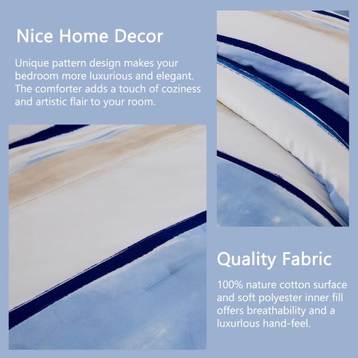 Juego de ropa de cama de lujo Finlonte King - Edredon Queen de Lyocell algodon, edredon acolchado a rayas acuarela, edredon azul moderno para todas las estaciones, 3 piezas, 104"x90" - Imagen 5