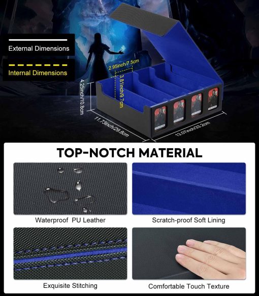 Caja de Almacenamiento de Cartas MoKo para Trading Cards, 3000+ MTG Deck Box con 24 Separadores Coloridos & 4 Soportes de Cartas, Estuche de Baraja Commander con Ventana de Exhibicion, Compatible con Cartas de Juego Magic, YugiOh, Negro Azul - Imagen 8
