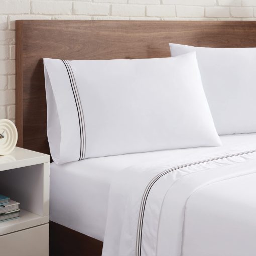 Juego de sabanas de saten Aston & Arden - 100% algodon 600 hilos de cuenta lujosas sabanas de hotel sedosas, blanco pristino con fino dobladillo bordado de 3 rayas, resistente a las arrugas, tamano individual, Negro onix - Imagen 2