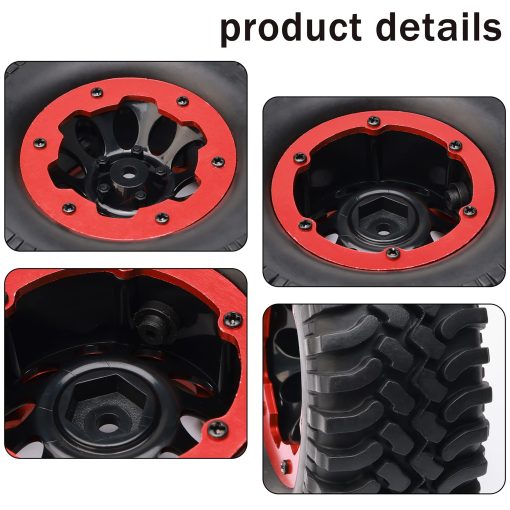Newzoll 4-Pack 1/10 RC Crawler Neumaticos y Ruedas, Llanta de Rueda de Plastico Beadlock de 1.9 pulgadas con Cubo Hexagonal de 12mm Neumatico de Goma para Maquina de Escalada Todoterreno Fuera del Camino, Rojo - Imagen 4